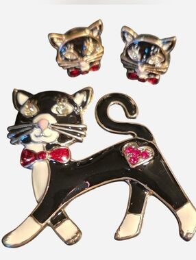 Betsey Johnson Black Enamel Cat Brooch & Stud Earrings w/Red Crystals Bows Heart